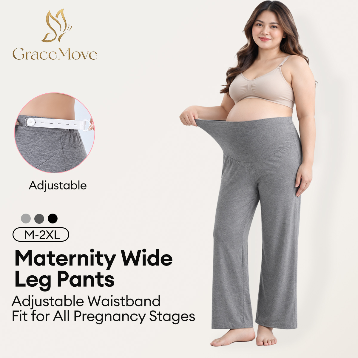 Maternity wide-leg pants worn by a model