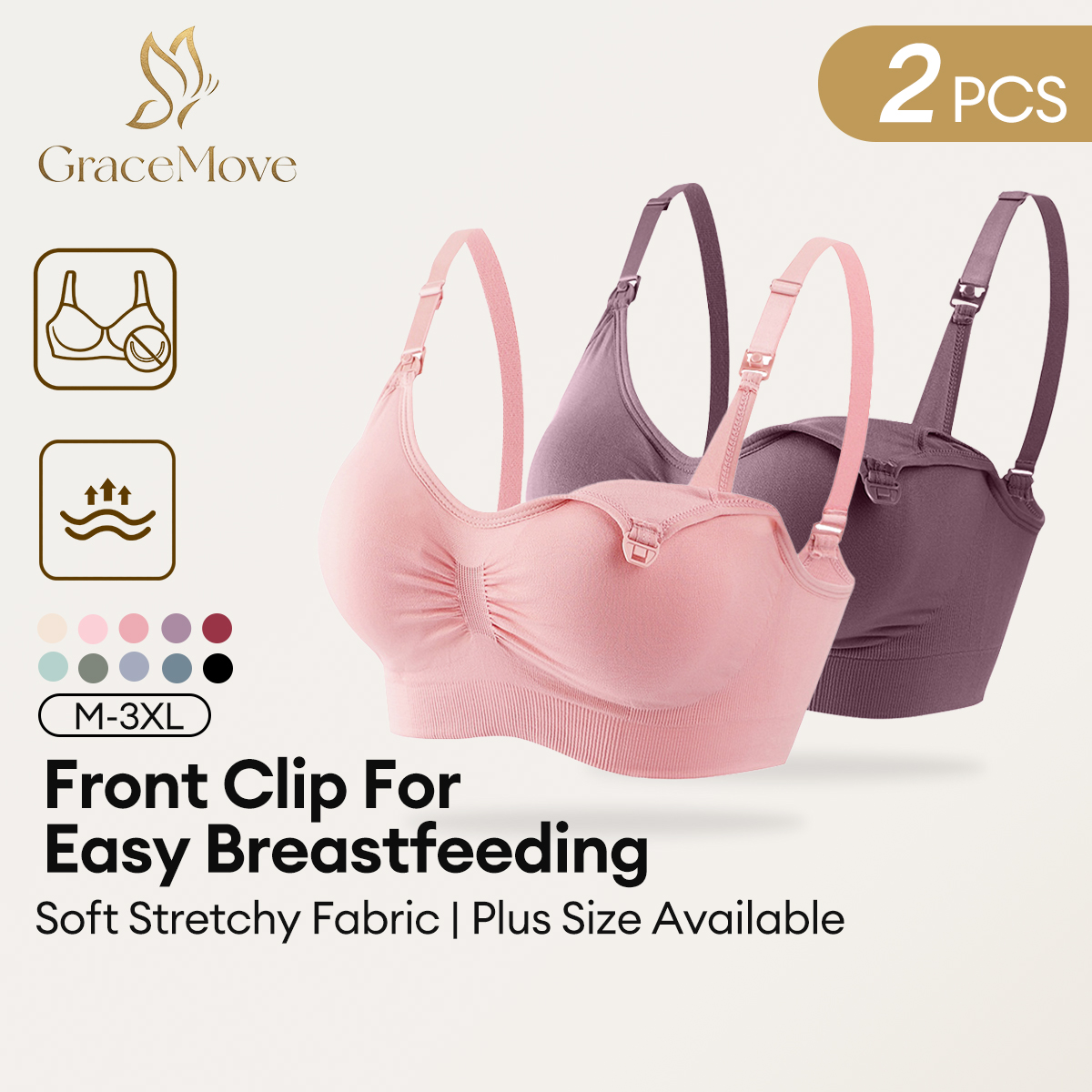 Two front-clip nursing bras in pink and purple