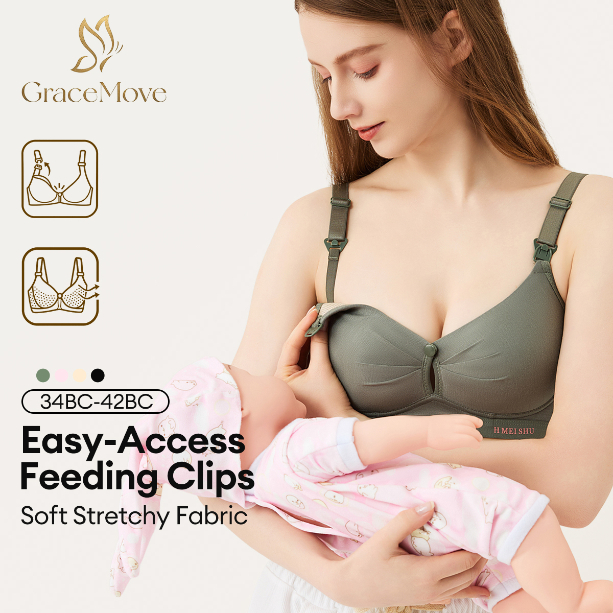 Easy-access green nursing bra worn by a mother