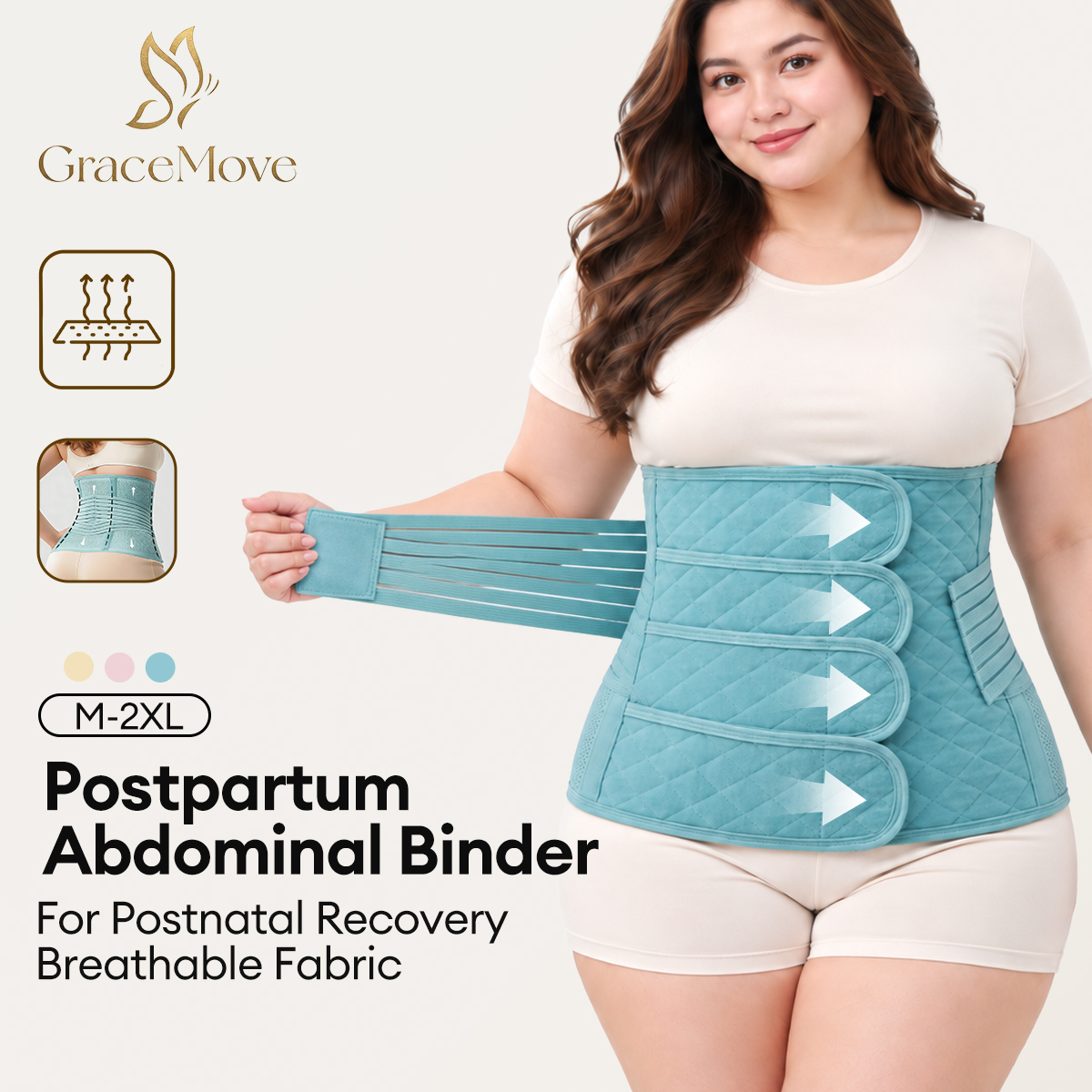 Postpartum abdominal binder worn by a model